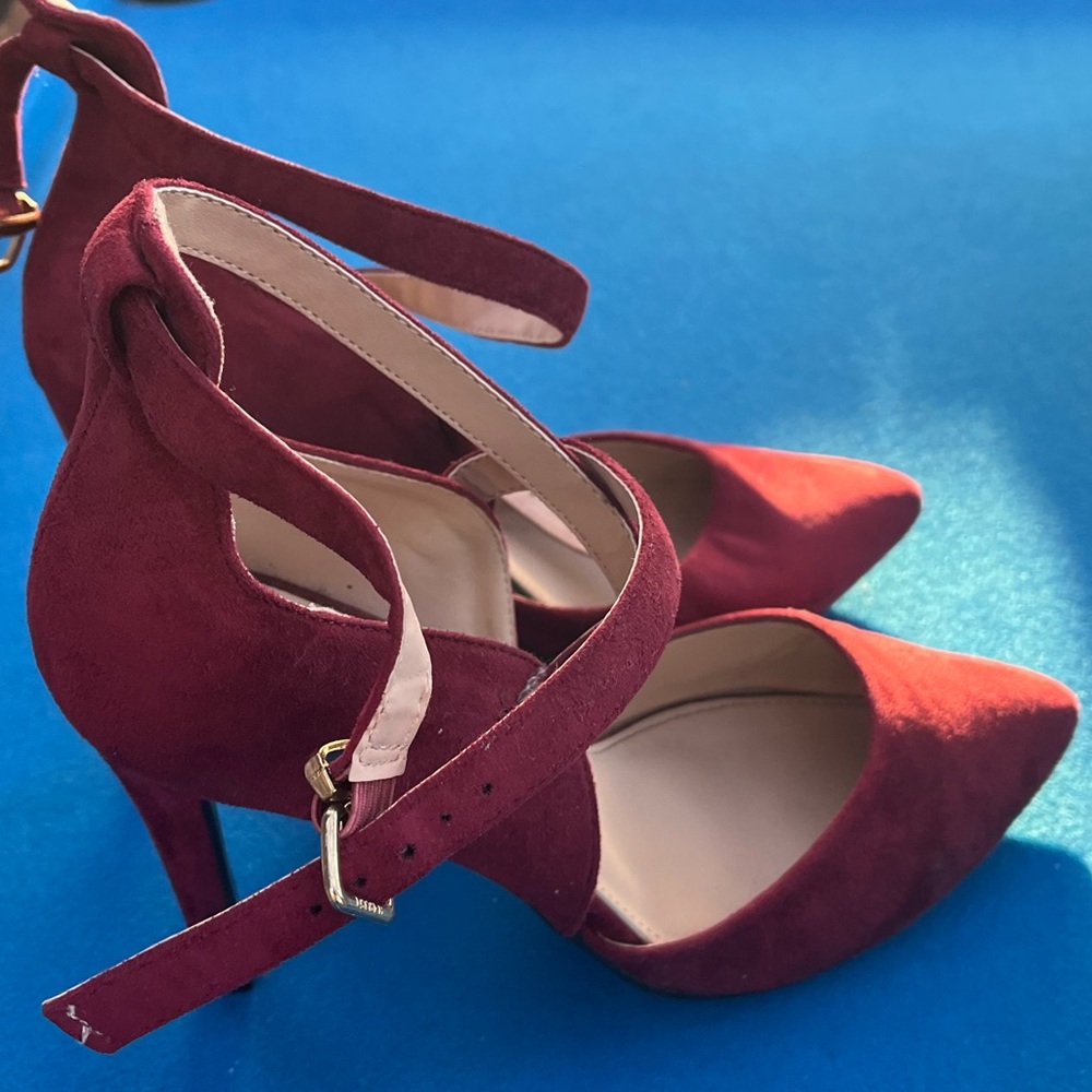 Burgundy Lacey heel, closed toe sandals with ankle tie
